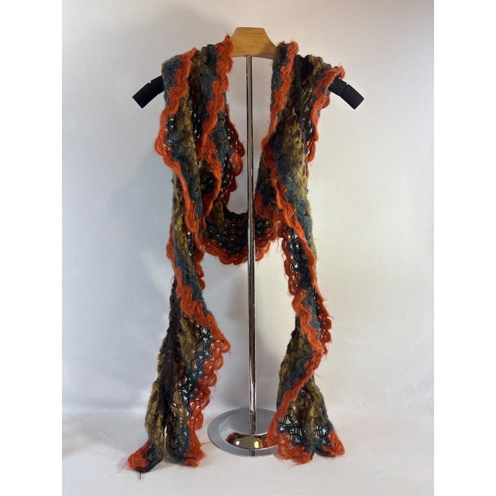 Anthropologie Boho Ruffle Scarf Orange Multi 120" Knit Lacy Wrap One Size